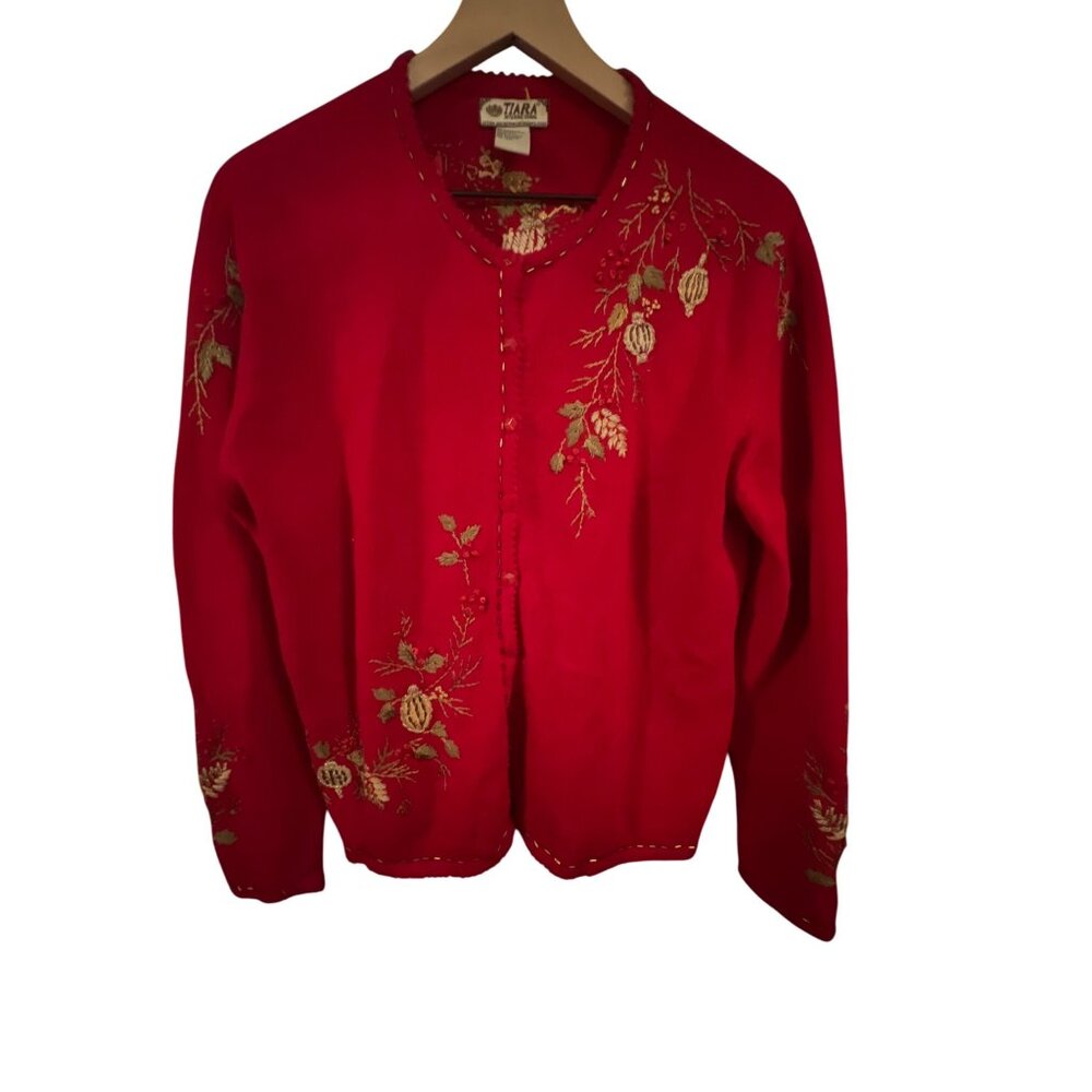 Vintage Tiara International Red‎ Embroidered Womens Cardigan Sweater Size L